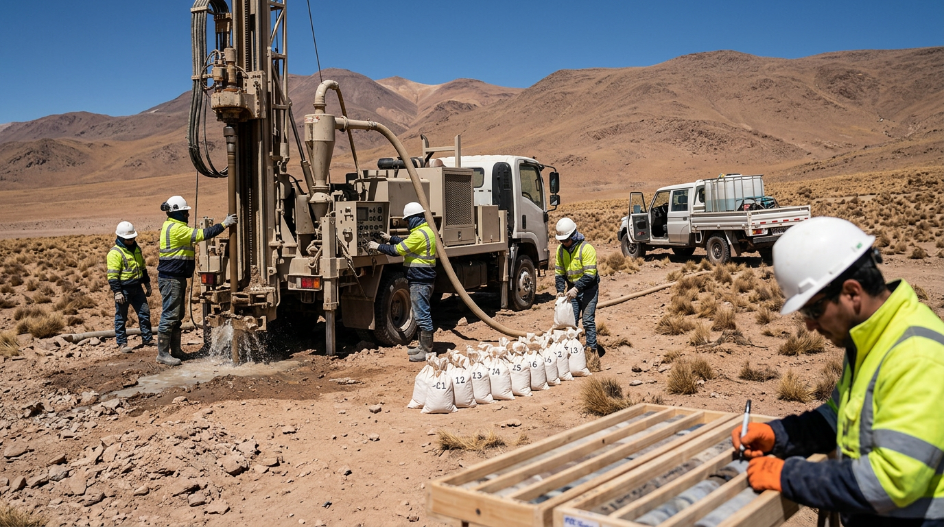 The image captures a truck-mounted air-core drill rig operating on a high-altitude rocky plateau in the Chilean Atacama. Four workers in personal protective equipment are seen around the rig, managing the drilling process while dry cuttings are discharged into sample bags lined up on the ground.