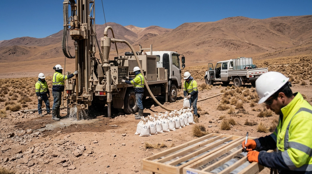 The image captures a truck-mounted air-core drill rig operating on a high-altitude rocky plateau in the Chilean Atacama. Four workers in personal protective equipment are seen around the rig, managing the drilling process while dry cuttings are discharged into sample bags lined up on the ground.