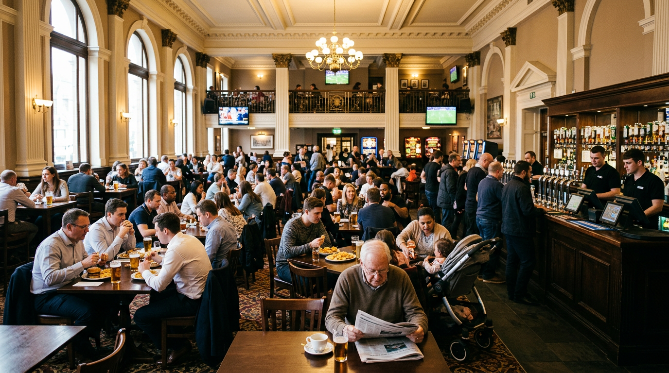 The image shows a bustling pub environment during a Friday lunchtime, characterized by a large open-plan layout within a historic building. Patrons of various demographics populate the room, engaged in different meals and social interactions, while bar staff attend to the long counter filled with drinks and glowing till screens.