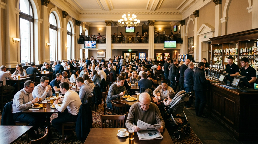 The image shows a bustling pub environment during a Friday lunchtime, characterized by a large open-plan layout within a historic building. Patrons of various demographics populate the room, engaged in different meals and social interactions, while bar staff attend to the long counter filled with drinks and glowing till screens.