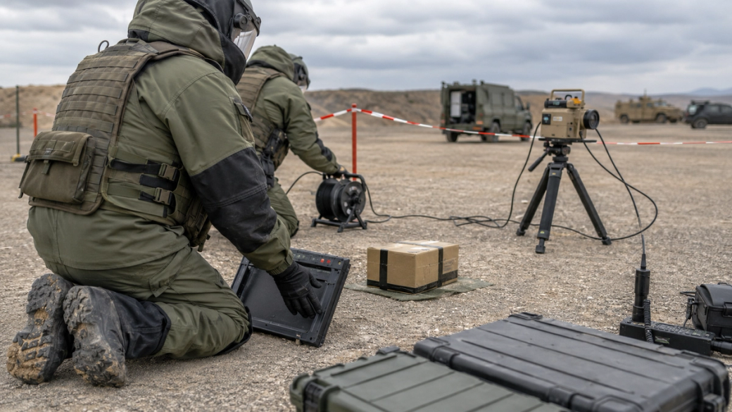 The image depicts military personnel in protective gear operating equipment in a training environment. They are using a device to monitor or control a package placed on the ground, with military vehicles visible in the background.