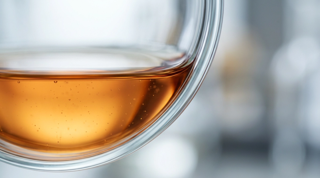 The image features a close-up of a glass filled with amber-colored liquid, reflecting light. The background consists of blurred shapes, contributing to a sophisticated atmosphere.