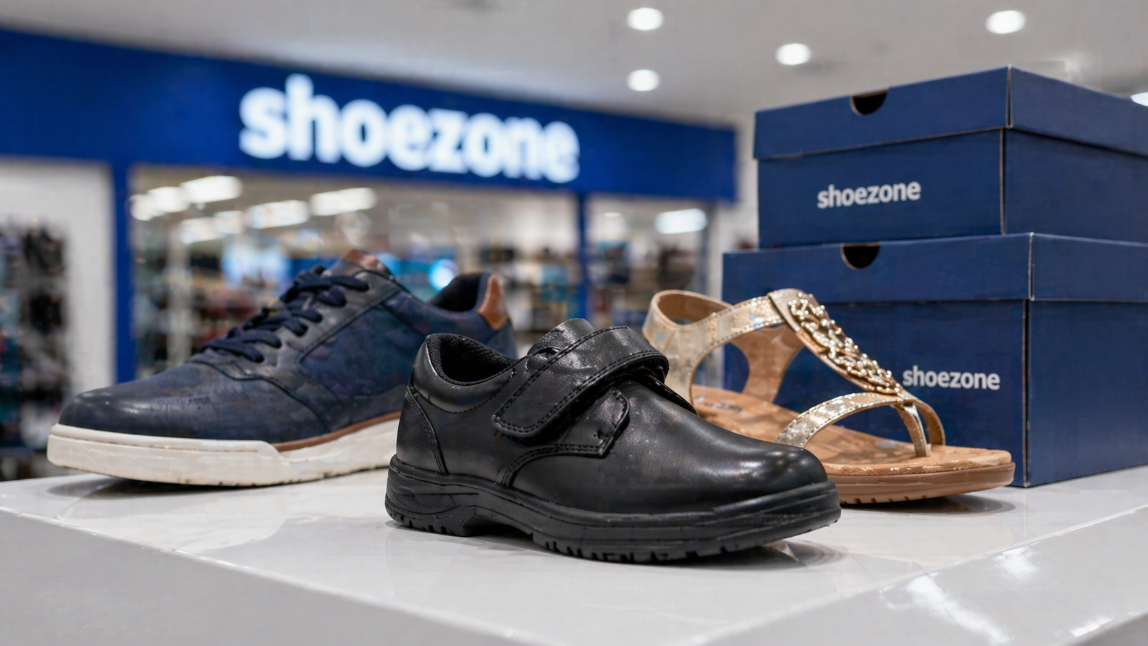The image features a display of three different styles of shoes available at a retail store. The focus is on a black velcro shoe, a blue sneaker, and a pair of gold sandals positioned on a white display surface against a backdrop of the store's branding.