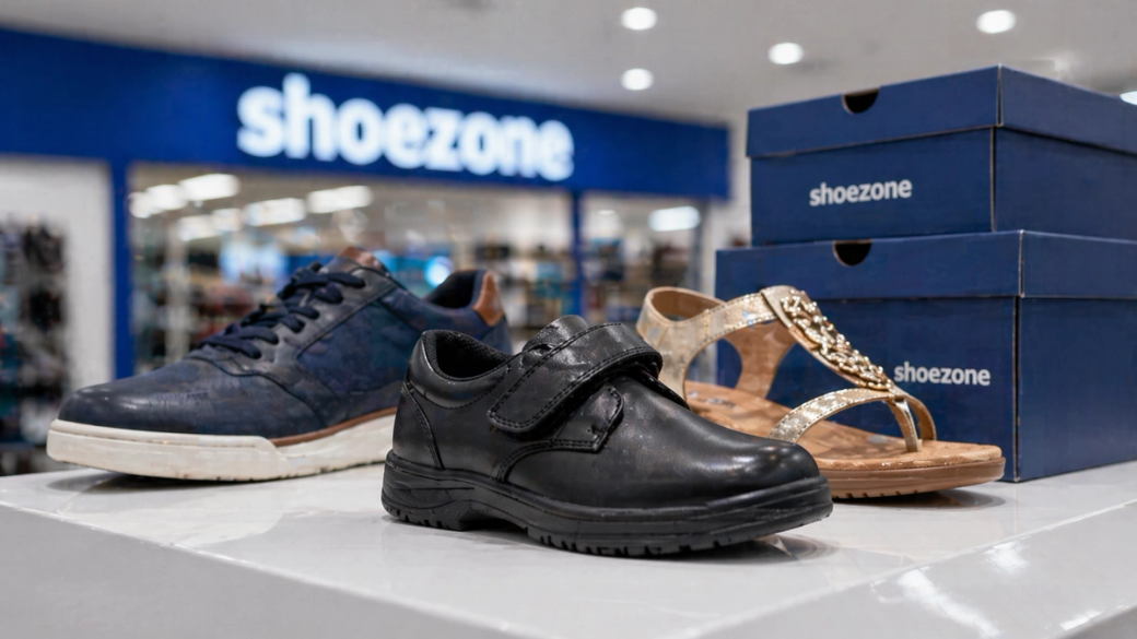 The image features a display of three different styles of shoes available at a retail store. The focus is on a black velcro shoe, a blue sneaker, and a pair of gold sandals positioned on a white display surface against a backdrop of the store's branding.