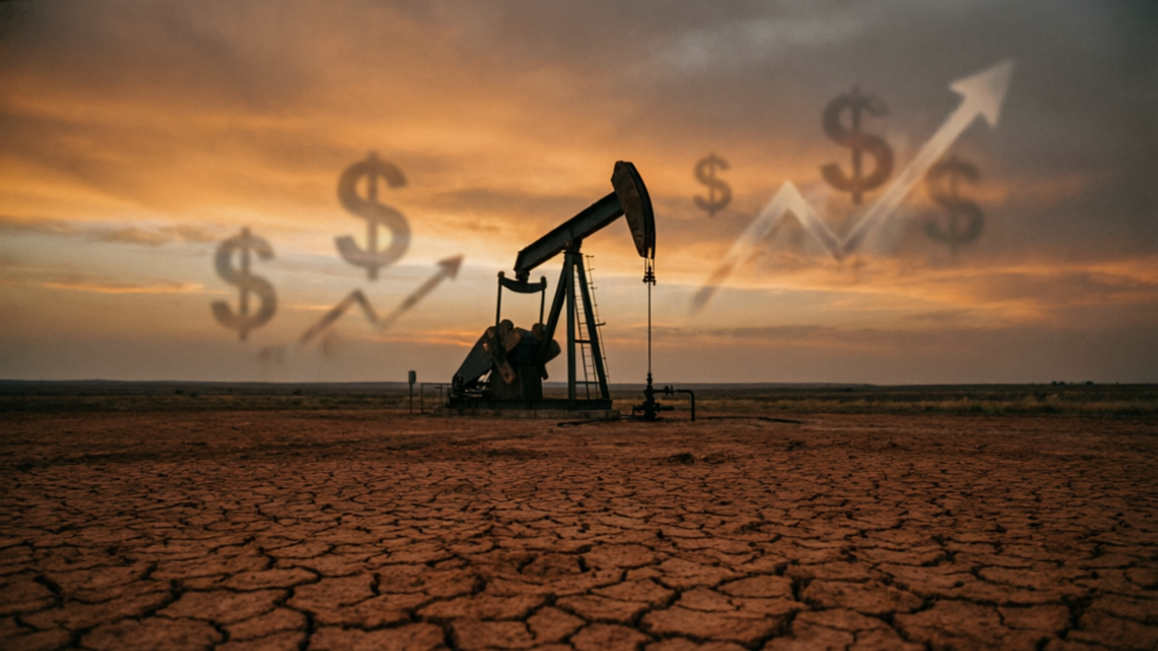 An oil pump jack is prominently featured against a dramatic sunset sky, surrounded by dry, cracked earth. Overlayed graphics suggest rising oil prices, represented by dollar signs and a financial growth arrow.