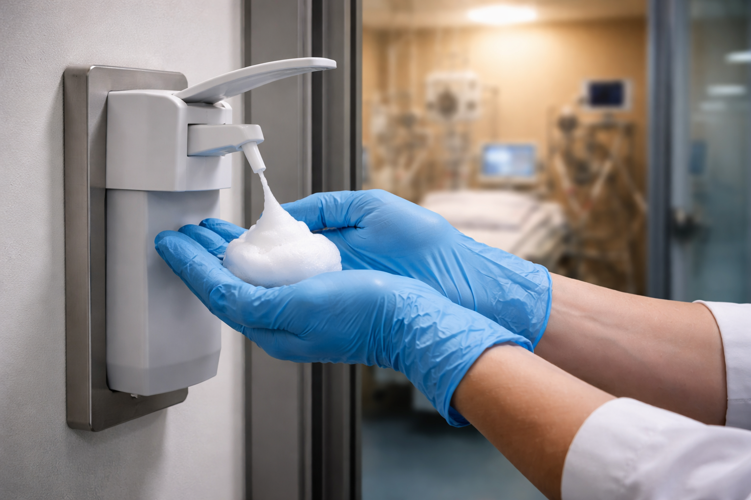 A healthcare professional in blue gloves is dispensing foam from a wall-mounted hand sanitizer dispenser. The background features a medical setting with hospital equipment visible, indicating a focus on hygiene in a clinical environment.