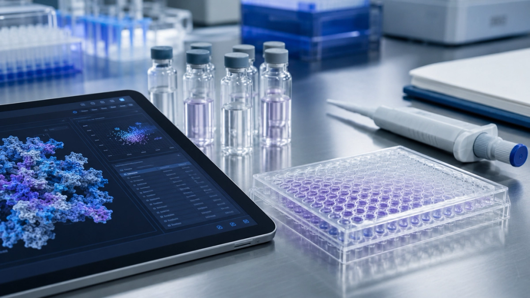 The image depicts a laboratory setting featuring a tablet displaying molecular graphics alongside scientific equipment, including vials and a micropipette. The laboratory counter has well-organized glassware and lab instruments, suggesting ongoing research or experimentation in a biotechnological context.