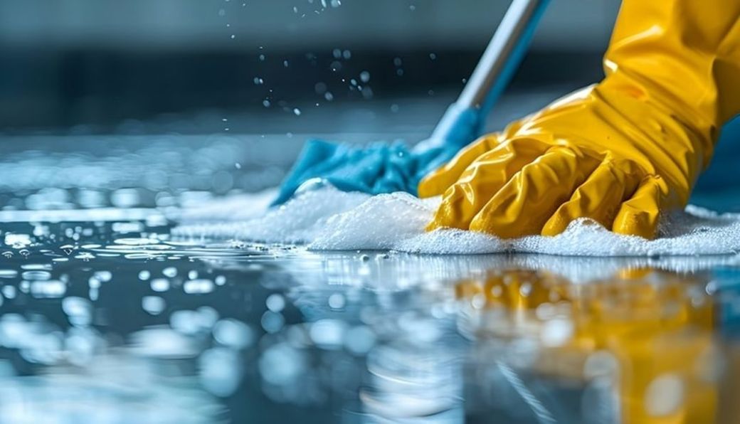 A close-up view of a person cleaning a shiny floor with a mop. The individual is wearing bright yellow rubber gloves and is actively scrubbing the surface, creating bubbles and splashes. — Credit: Photo by PuroClean of Fort Worth on Unsplash