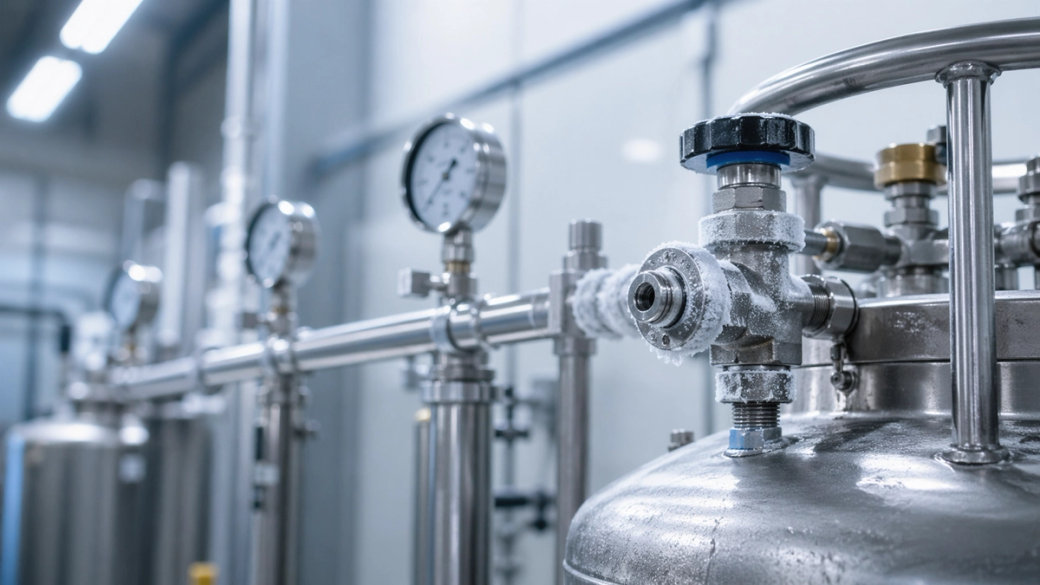 The image shows industrial equipment, including pressure gauges and valves, used in a manufacturing or processing environment. The setting appears to be a clean, well-maintained facility, possibly related to chemical or food processing.