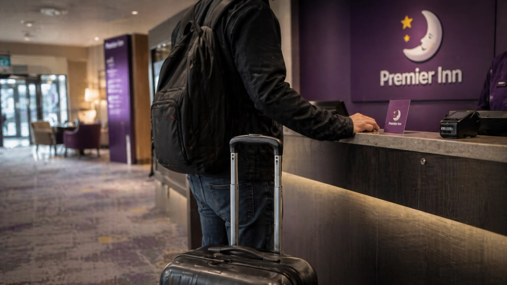 A traveler checks in at a Premier Inn hotel reception, with a suitcase in tow. The setting features a modern interior design with purple accents.