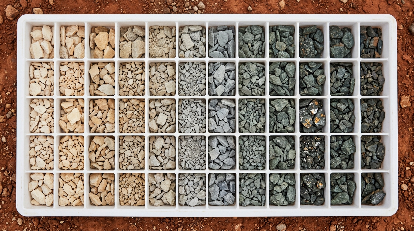 The image depicts an overhead view of a geological sample tray filled with RC drill cuttings, arranged in a neat grid on a backdrop of bare red earth. The tray displays a transition of colors from pale cream and buff oxides on one end to darker grey-green fragments, culminating in a compartment with visible mineralization that catches the light with a metallic glint, illustrating a clear representation of geological analysis.