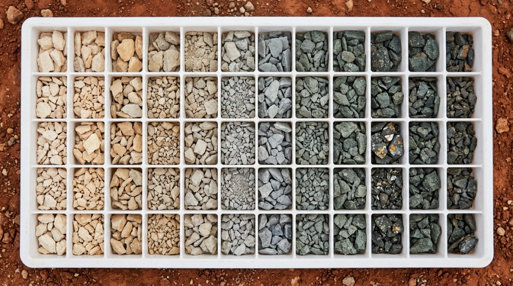 The image depicts an overhead view of a geological sample tray filled with RC drill cuttings, arranged in a neat grid on a backdrop of bare red earth. The tray displays a transition of colors from pale cream and buff oxides on one end to darker grey-green fragments, culminating in a compartment with visible mineralization that catches the light with a metallic glint, illustrating a clear representation of geological analysis.