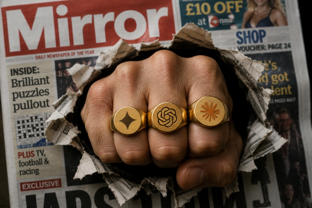 A hand emerging from a torn newspaper, displaying three golden knuckle rings. The newspaper features the headline 'Mirror' and various articles, highlighting a mix of news content.