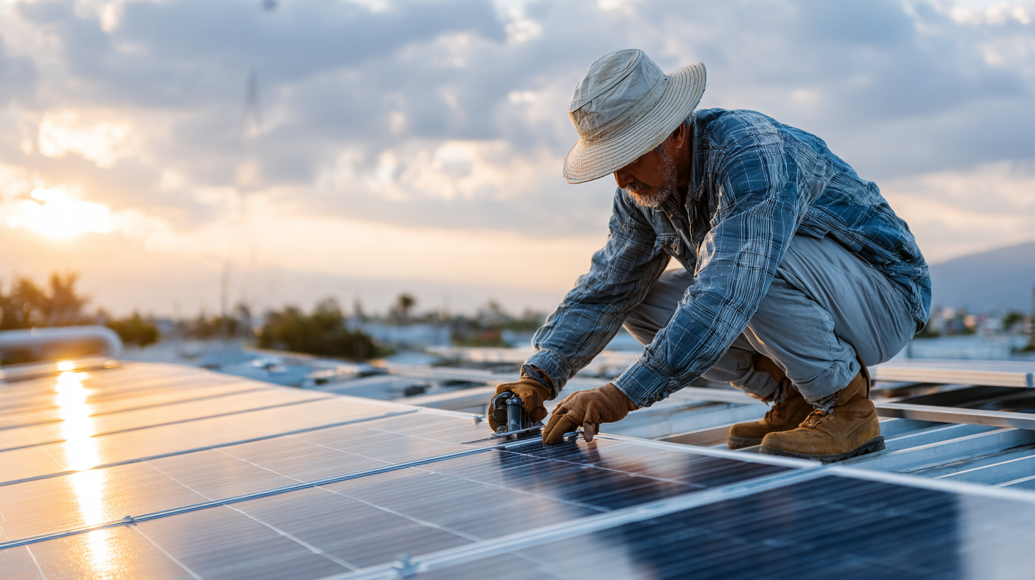 A man is installing solar panels on a rooftop during sunset. He is wearing a sun hat and gloves, carefully working on the solar installation.
