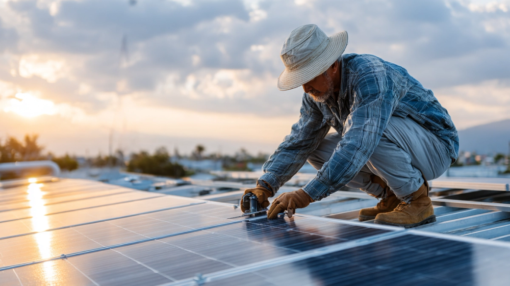 A man is installing solar panels on a rooftop during sunset. He is wearing a sun hat and gloves, carefully working on the solar installation.