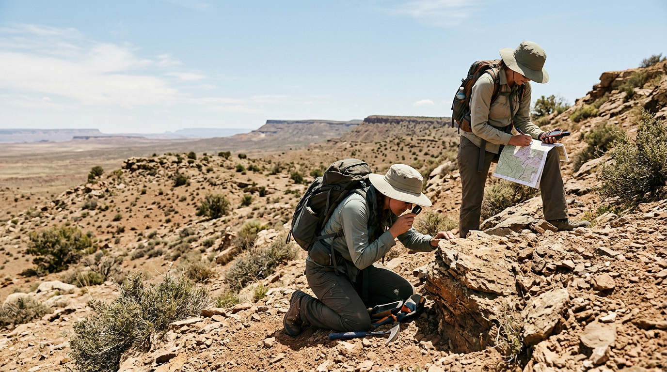 Two outdoor explorers are conducting a field survey in a rugged, arid landscape. One individual is examining rock samples while the other studies a map, suggesting a geological or environmental research activity.