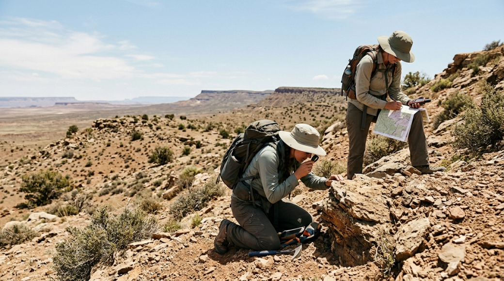 Two outdoor explorers are conducting a field survey in a rugged, arid landscape. One individual is examining rock samples while the other studies a map, suggesting a geological or environmental research activity.