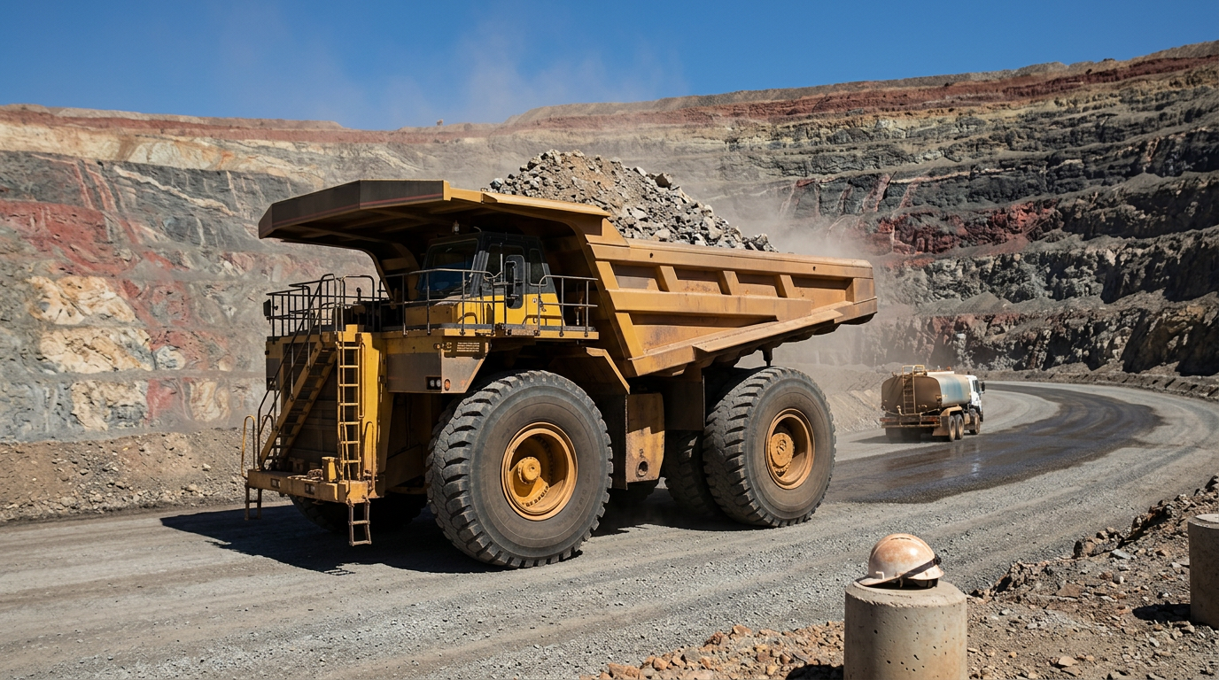 The image features a massive open-pit mining haul truck parked on a graded bench within a tiered excavation site, loaded with a substantial amount of blasted rock. Dust lingers in the air from recent operations, and the vibrant geology of the pit walls is visible behind the truck, showcasing layers of red, grey, cream, and black.