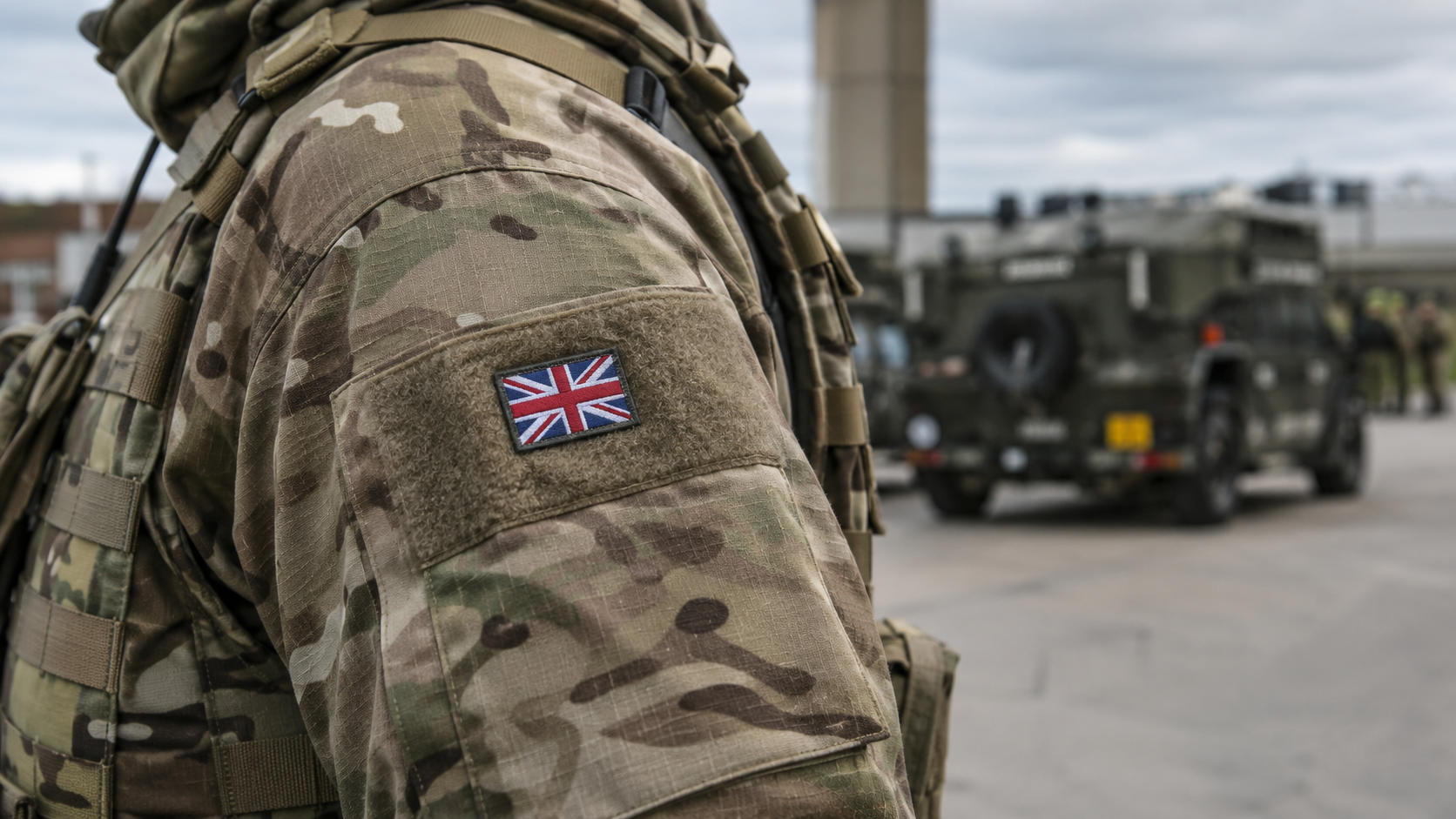 The image features a soldier in military camouflage uniform with a British flag patch on the arm. In the background, military vehicles are visible, presumably during a training exercise or operation.