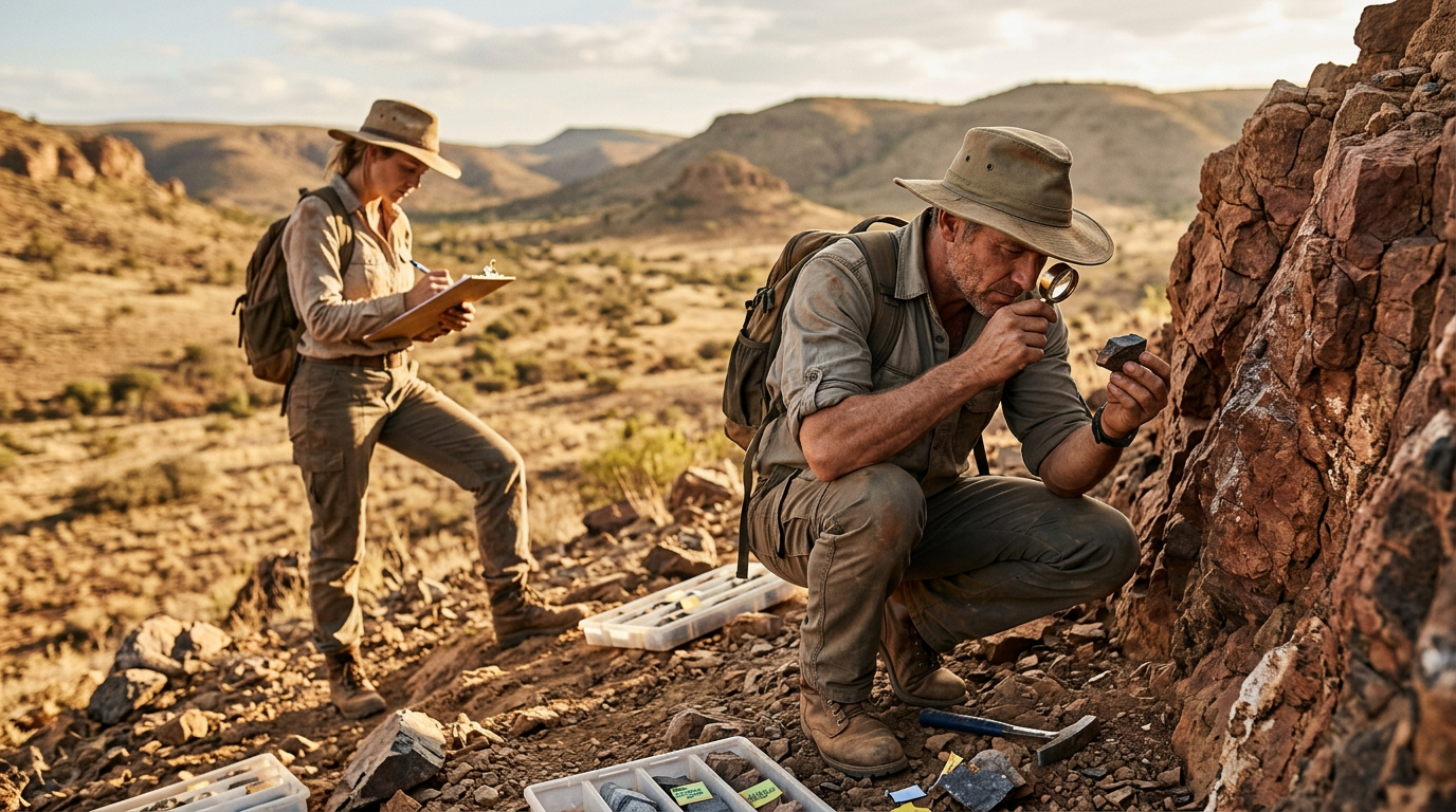 The image depicts two geologists working in a rugged outdoor setting. One is examining a rock sample with a magnifying glass while the other takes notes, suggesting field research in geology or archaeology.