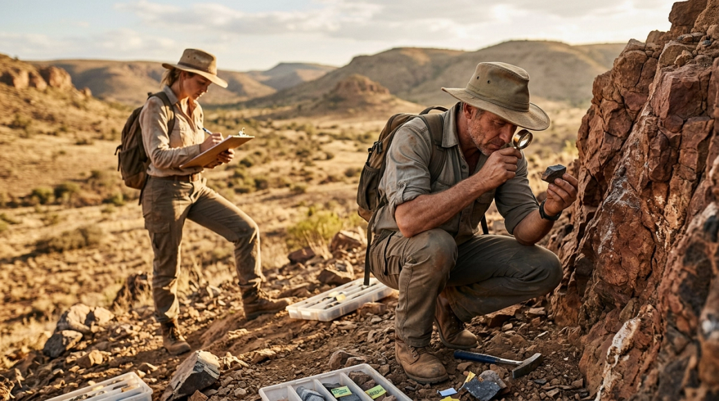 The image depicts two geologists working in a rugged outdoor setting. One is examining a rock sample with a magnifying glass while the other takes notes, suggesting field research in geology or archaeology.