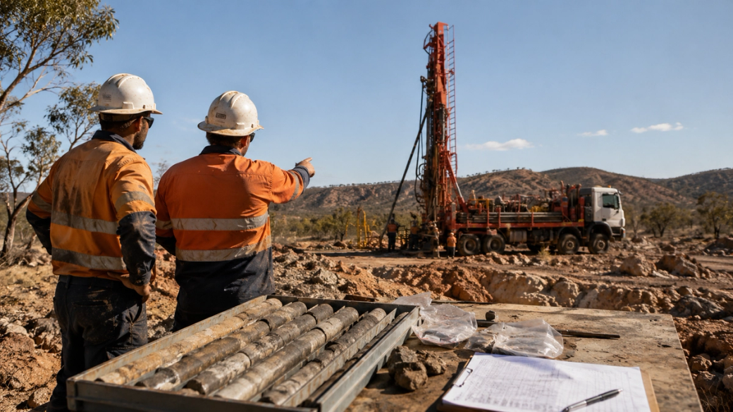 Two workers in safety gear observe a drilling rig in an arid landscape. One worker is gesturing towards the rig, and core samples are positioned on a table nearby.