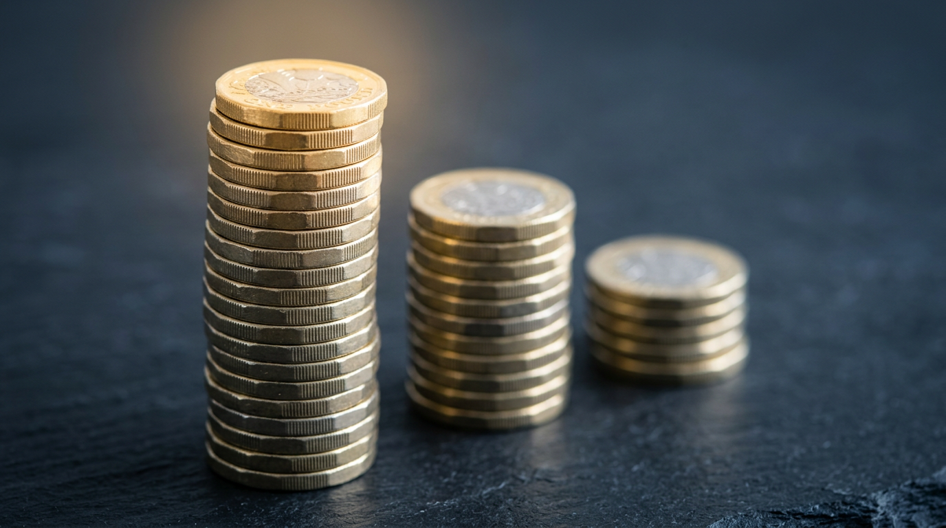 The image features three stacks of new King Charles pound coins, arranged in ascending height. The tallest stack leans slightly, with the top coin illuminated by a warm spotlight, creating a striking visual against a dark slate surface. The coins' intricate milled edges and twelve-sided design are highlighted, suggesting themes of accumulation and growth.