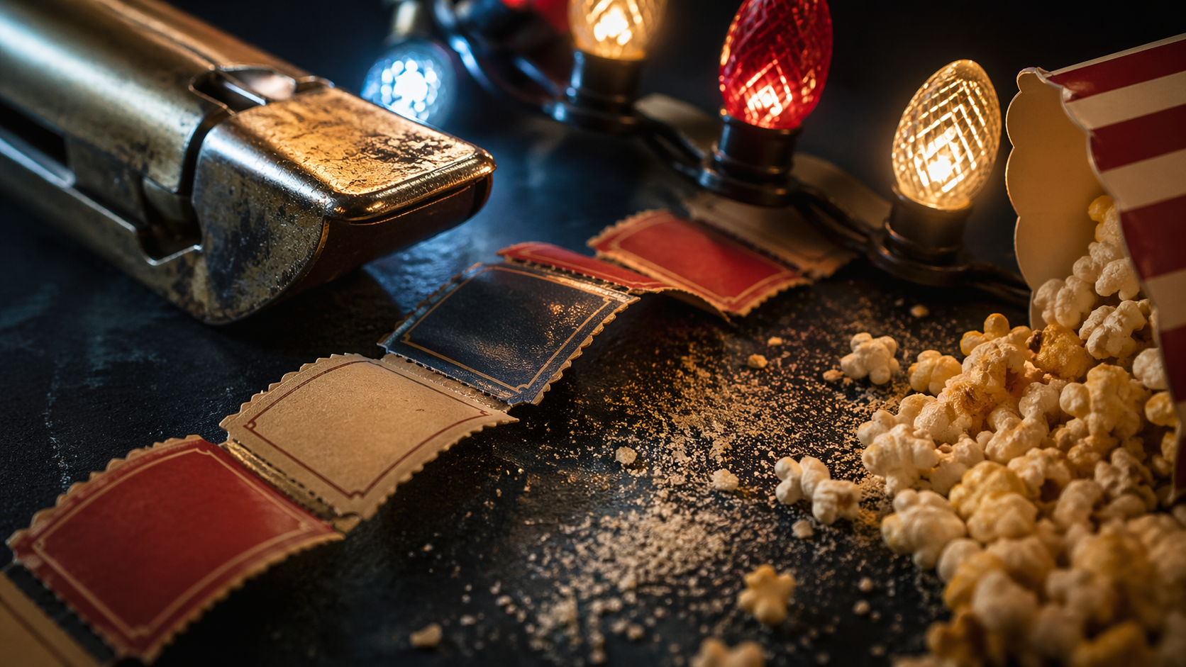 The image features a vintage ticket puncher alongside scattered popcorn and decorative lights. The popcorn is spilled from a striped container, creating a festive and nostalgic atmosphere.