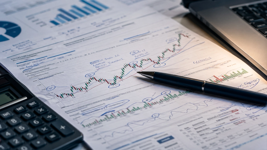 The image depicts a close-up view of financial analysis papers filled with charts and graphs, alongside a calculator and a pen. The documents feature numerous handwritten notes and markings, suggesting an in-depth examination of market trends.