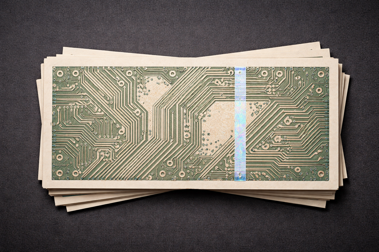 Tech money, notes that look like circuits. The image features a stack of circuit boards arranged neatly on a dark textured surface. The circuit boards display intricate patterns and electronic components, suggesting a focus on technology and design.