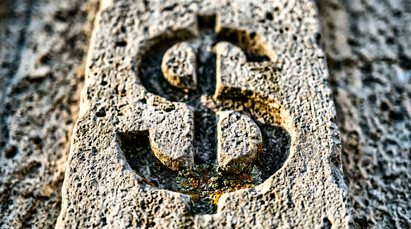 The image features a close-up view of a dollar sign carved into weathered pale grey limestone. The carving displays softened edges and deep grooves now beginning to collect lichen, illuminated by warm side light that casts shadows into the channels of the carving, suggesting the persistence of currency through the ages amidst natural wear.