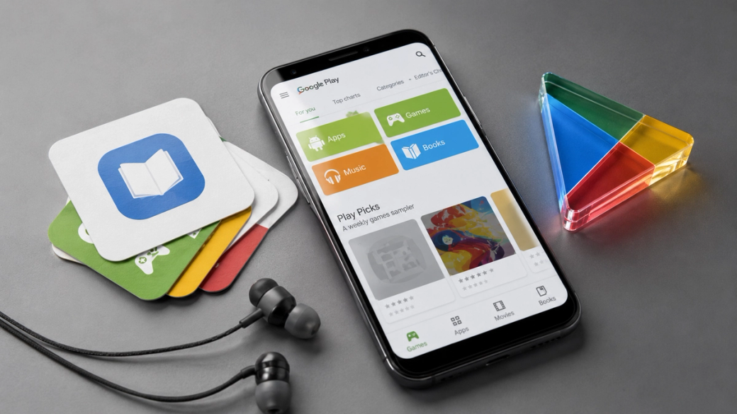 The image shows a smartphone displaying the Google Play interface with categories for apps, games, music, and books. Surrounding the phone are colorful app icon cards and a prism-shaped object, alongside a pair of earphones.