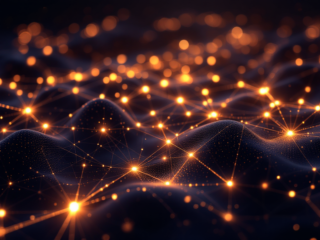 The image depicts a digital landscape filled with interconnected points of light, resembling a network of data points or nodes. It has a futuristic aesthetic, with glowing connections that suggest a vast, abstract cosmos.