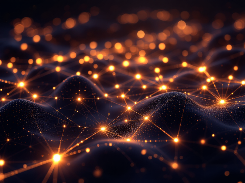 The image depicts a digital landscape filled with interconnected points of light, resembling a network of data points or nodes. It has a futuristic aesthetic, with glowing connections that suggest a vast, abstract cosmos.
