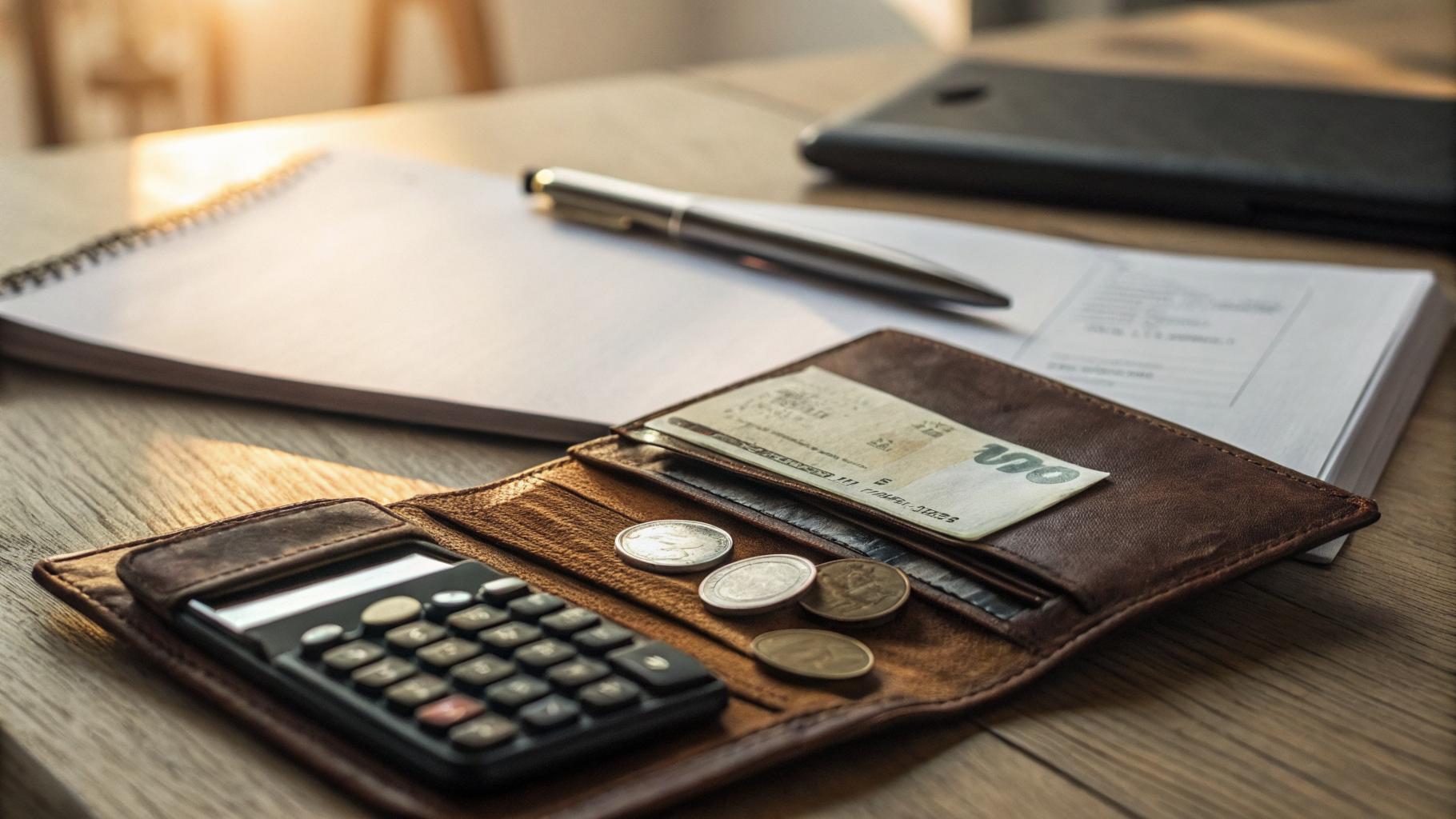 The image features a leather wallet opened on a wooden table, revealing cash, coins, and a calculator. In the background, there is a notebook and a pen, suggesting a focus on personal finance or budgeting.