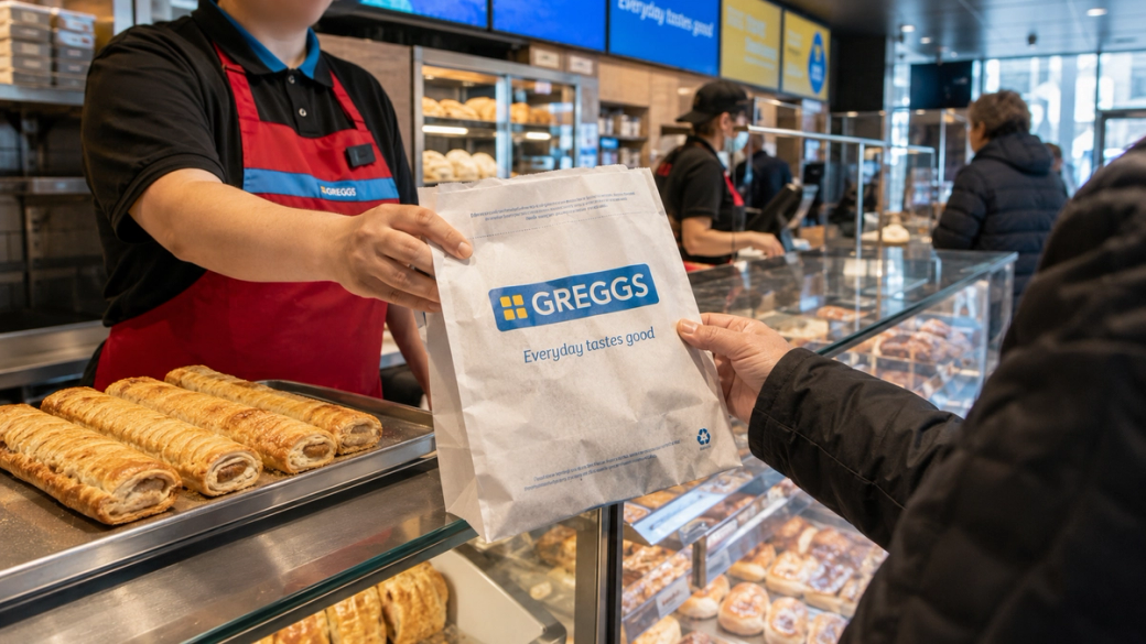 A customer receives a takeout bag from a service counter at a bakery. The display showcases various baked goods, and the employee is wearing a branded uniform.
