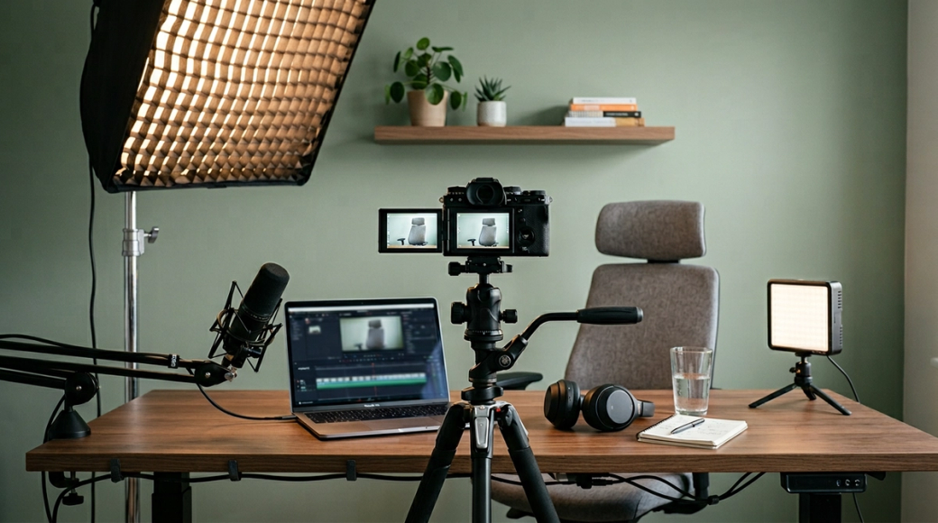 The image showcases a modern video studio setup on a desk, featuring a mirrorless camera on a tripod with a live view screen showing an empty chair. The arrangement includes a key light with a softbox, a condenser microphone on a boom arm, a fill light on a mini stand, and a clean desk space with a laptop, headphones, a glass of water, and a notecard, all against a softly blurred muted sage green wall.