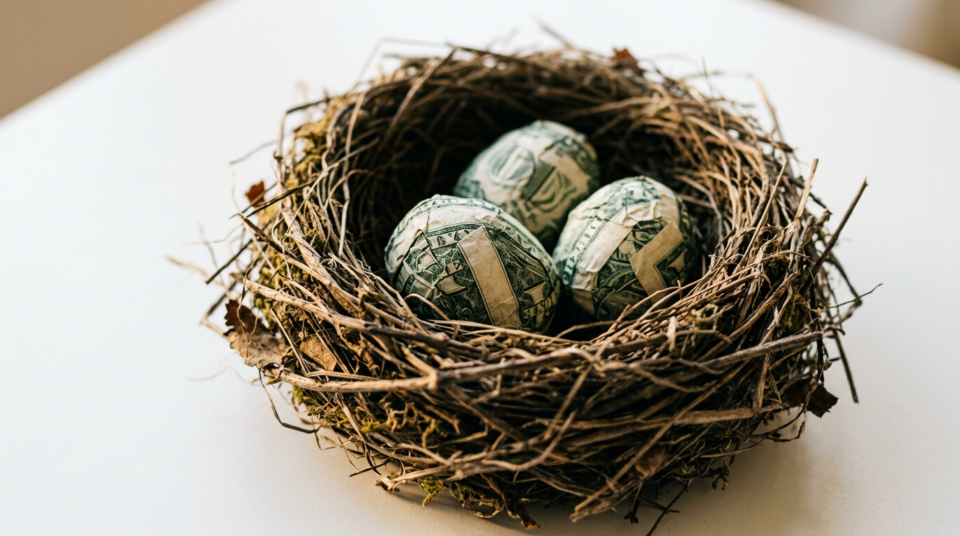 The image features a bird's nest made from twigs and dry grass, located on a clean white surface. Inside the nest are three small eggs that are crafted from tightly crumpled US dollar bills, highlighting a contrast between the organic structure of the nest and the artificial nature of the eggs, symbolizing saving and the protection of capital.