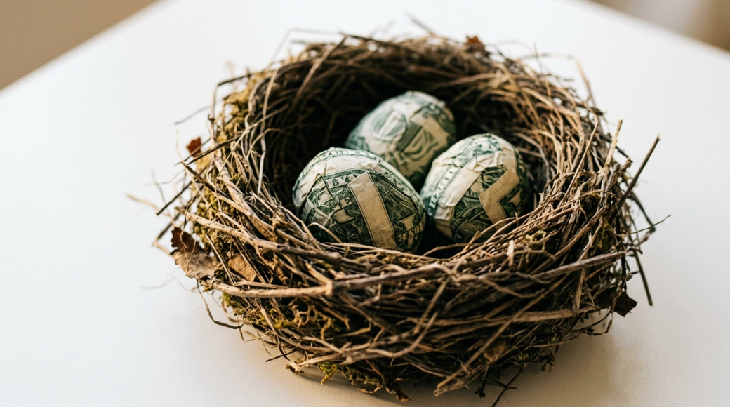 The image features a bird's nest made from twigs and dry grass, located on a clean white surface. Inside the nest are three small eggs that are crafted from tightly crumpled US dollar bills, highlighting a contrast between the organic structure of the nest and the artificial nature of the eggs, symbolizing saving and the protection of capital.
