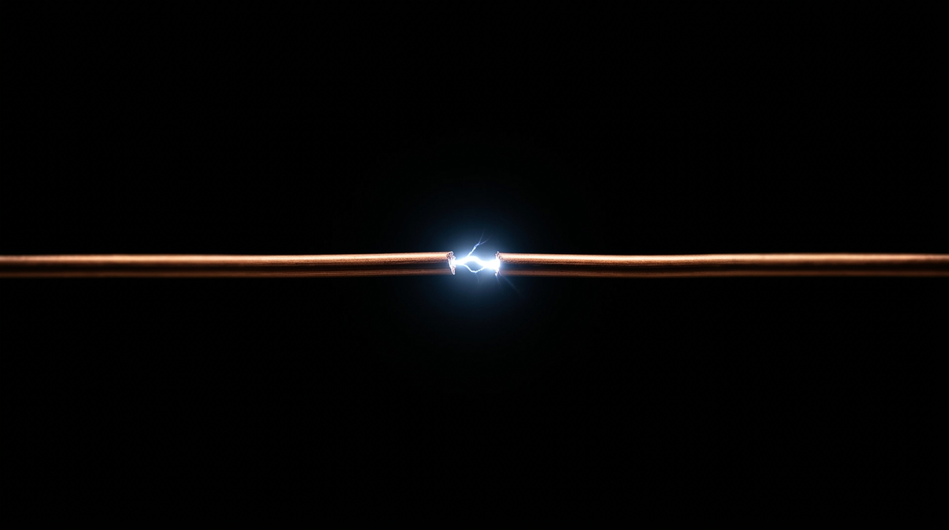 The image captures a bare copper wire suspended horizontally across a pure black background. At the midpoint of the wire, a brilliant white-blue electrical arc leaps between a minuscule break in the conductor, embodying energy in its rawest form. The contrast between the warm copper and the stark darkness highlights the dynamic nature of voltage and current.