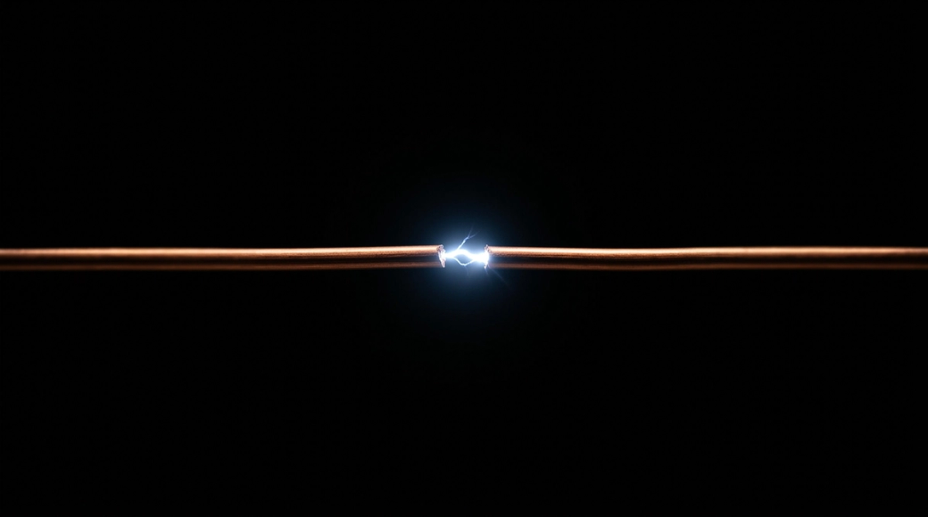 The image captures a bare copper wire suspended horizontally across a pure black background. At the midpoint of the wire, a brilliant white-blue electrical arc leaps between a minuscule break in the conductor, embodying energy in its rawest form. The contrast between the warm copper and the stark darkness highlights the dynamic nature of voltage and current.