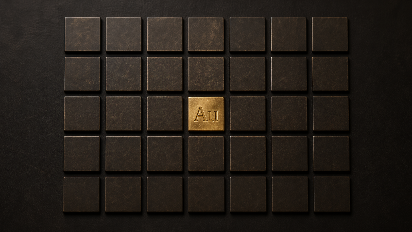 The image features a grid of dark, square tiles, with one tile in the center displaying the chemical symbol 'Au' for gold, highlighted in gold color. The overall arrangement suggests a thematic representation of elements or periodic table concepts.