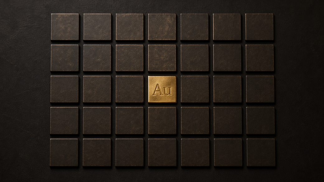 The image features a grid of dark, square tiles, with one tile in the center displaying the chemical symbol 'Au' for gold, highlighted in gold color. The overall arrangement suggests a thematic representation of elements or periodic table concepts.