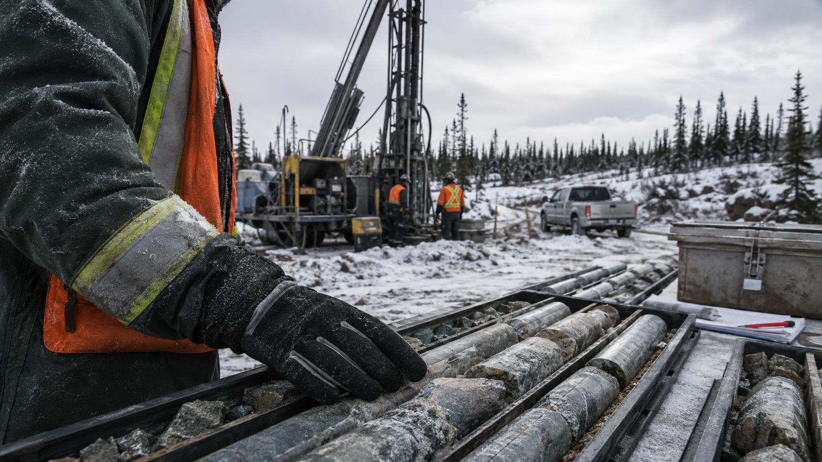 A worker in winter attire inspects metal drill rods on a snowy site where drilling equipment is visible. Two other individuals in the background are operating machinery amidst a forested area.