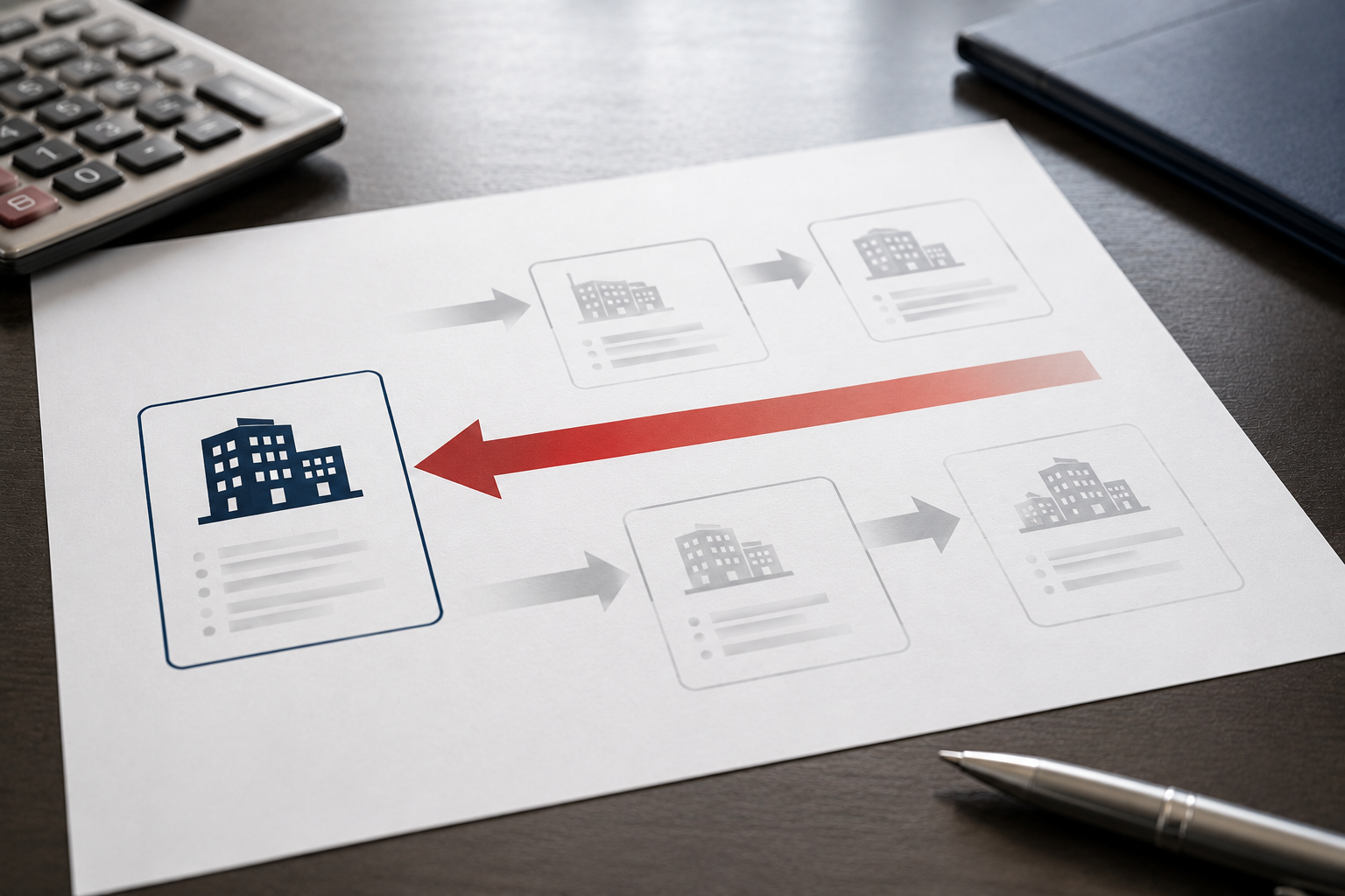 The image depicts a document with a central graphic of a building surrounded by icons representing various buildings with arrows indicating a flow or process. A calculator and a pen are placed on the desk, suggesting a business or planning context.