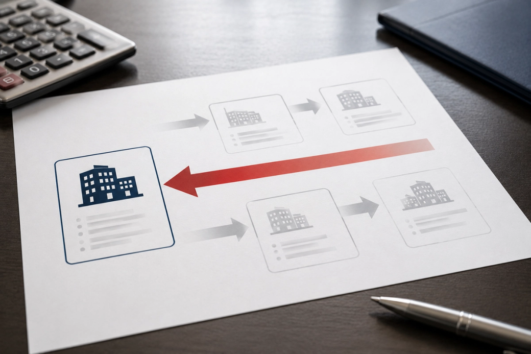 The image depicts a document with a central graphic of a building surrounded by icons representing various buildings with arrows indicating a flow or process. A calculator and a pen are placed on the desk, suggesting a business or planning context.