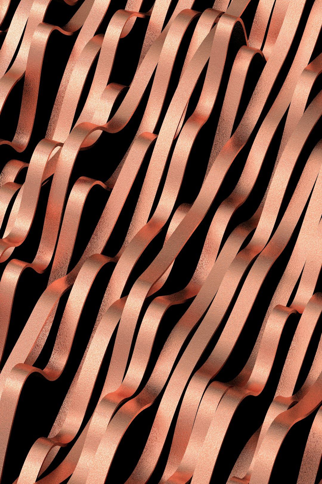 The image features an abstract pattern of flowing, wavy lines in shades of rose gold against a dark background. The design creates a sense of movement and depth, emphasizing the fluidity of the shapes.