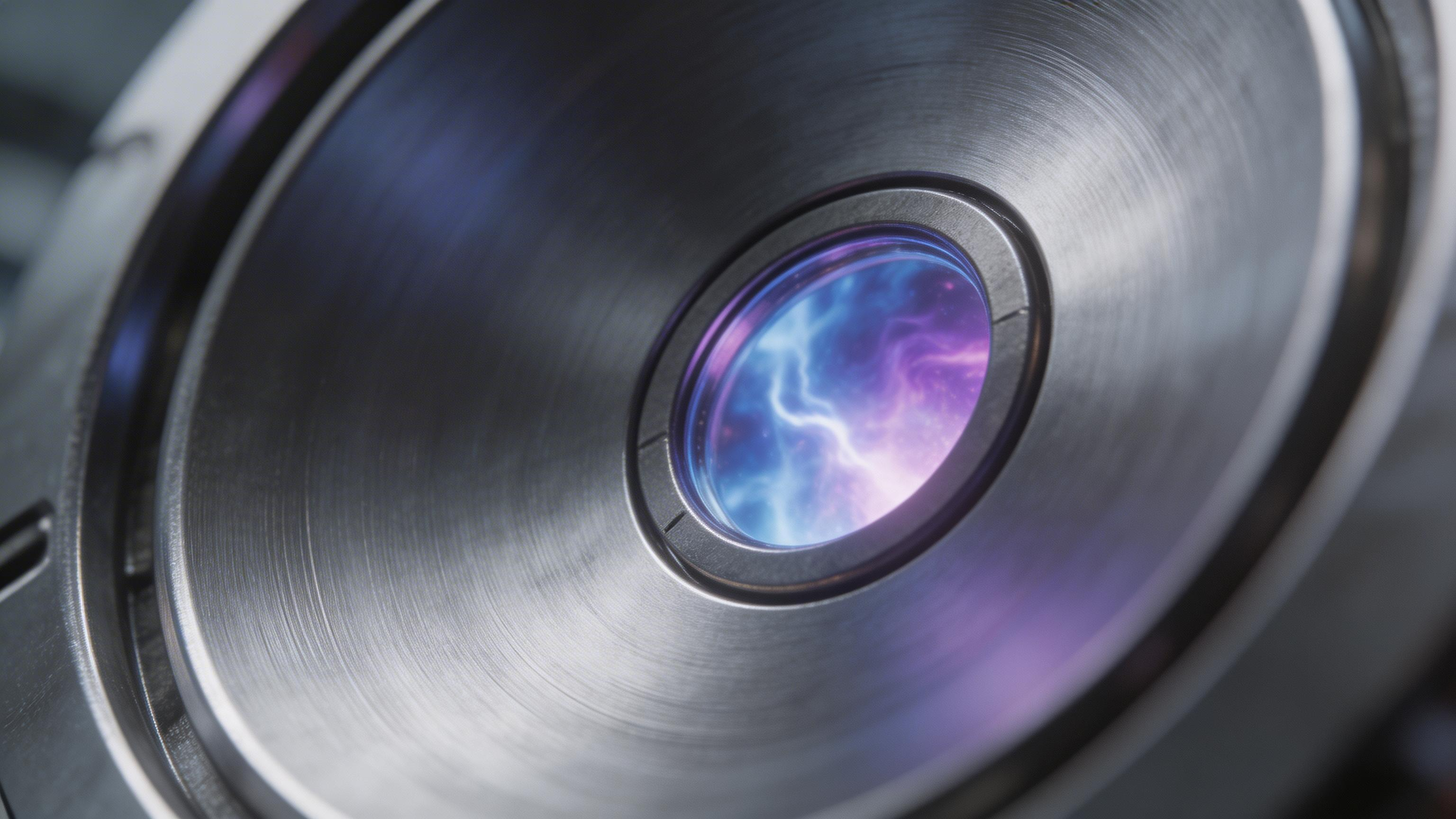 The image showcases a close-up view of a metallic circular object featuring a luminous, colorful core that appears to emit electric-like energy. The intricate details of the metal and the vibrant colors create a striking visual.