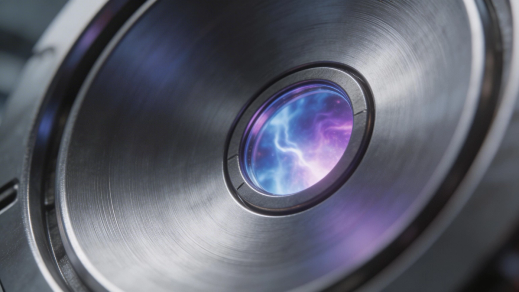 The image showcases a close-up view of a metallic circular object featuring a luminous, colorful core that appears to emit electric-like energy. The intricate details of the metal and the vibrant colors create a striking visual.