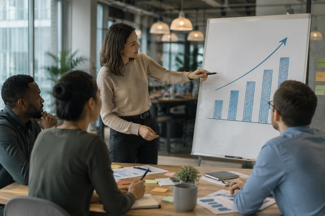 The image depicts a business meeting where a woman presents data on a growth chart displayed on a whiteboard to a group of colleagues. The setting appears to be an office environment with modern decor.